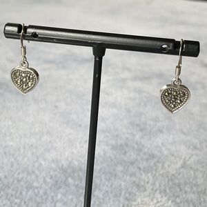 Dainty CW 925 Sterling Silver Pave Marcasite Stone Heart Sparkle Earrings